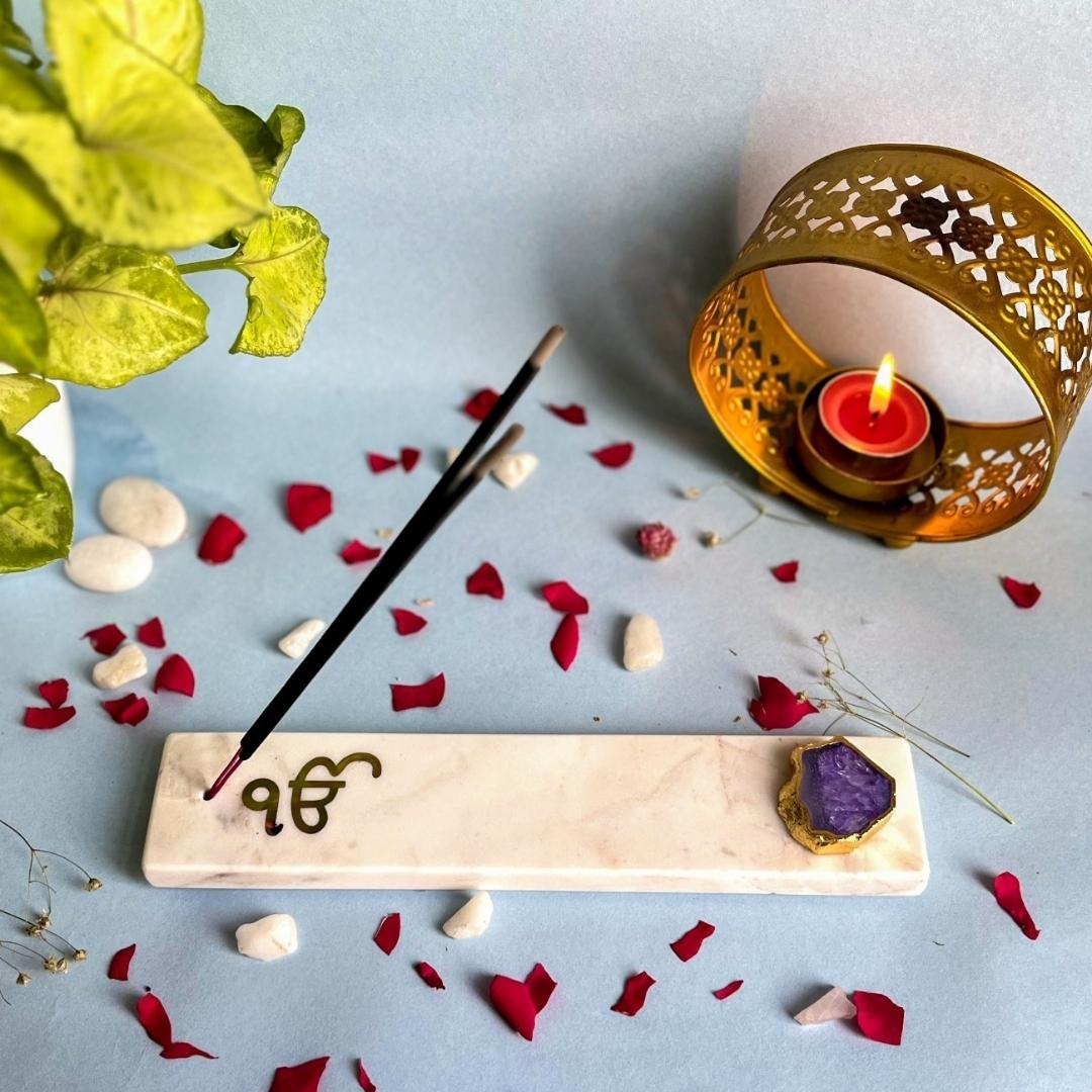 Ik Onkar Symbol Mable and crystal agate incense stick holders