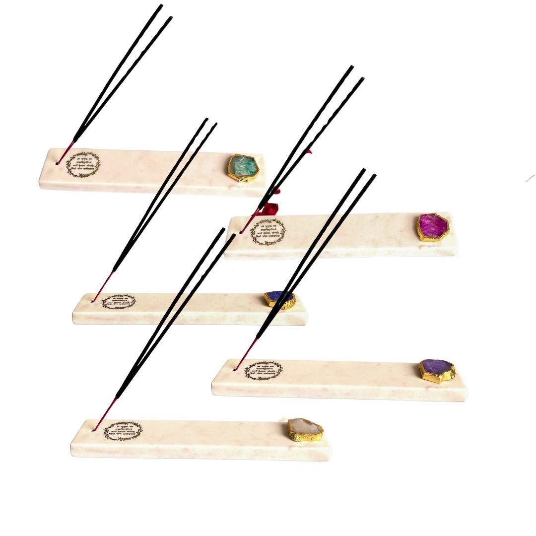 Gayatri Mantra White Marble and Crystal Agate Incense Stick Holders