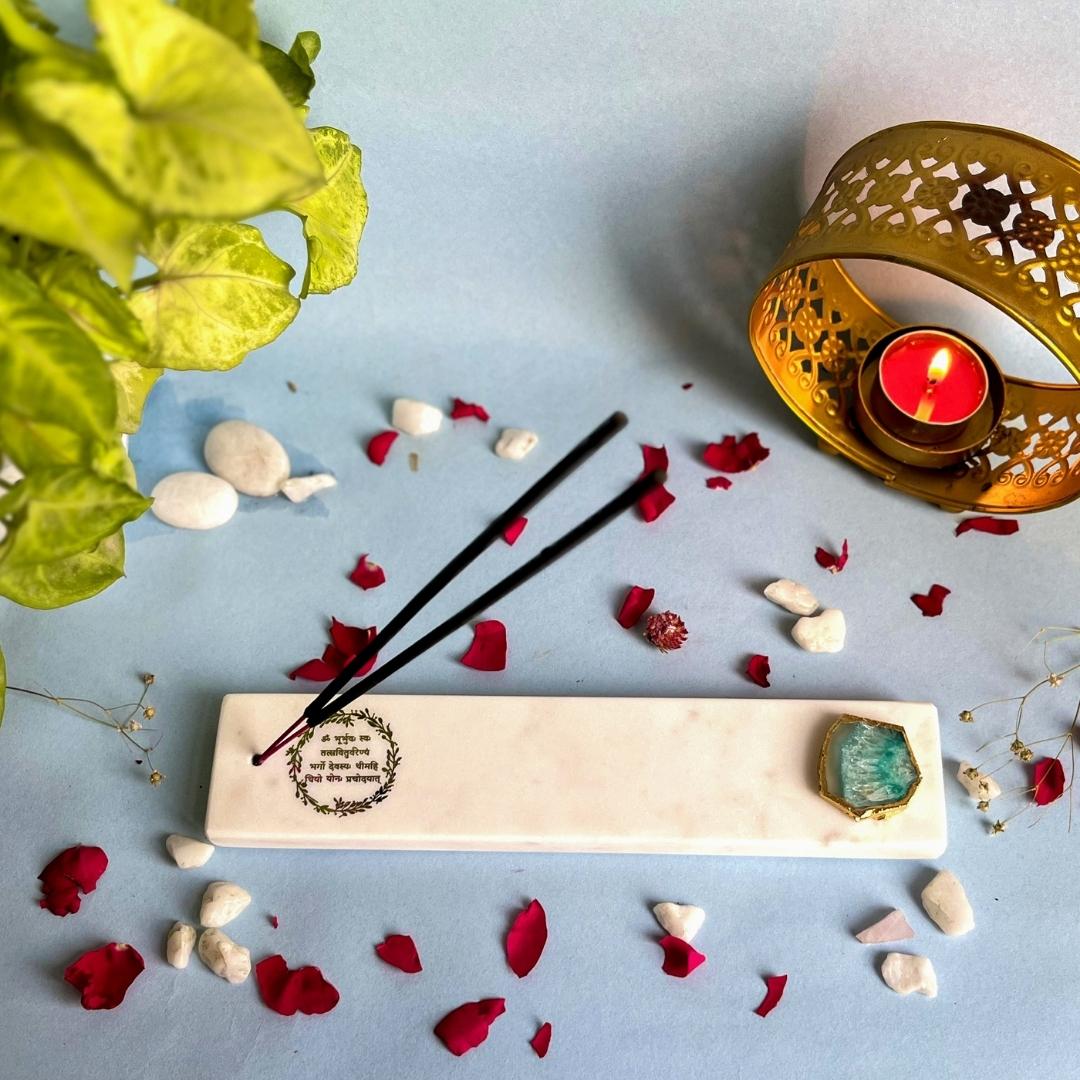 Gayatri Mantra White Marble and Crystal Agate Incense Stick Holders