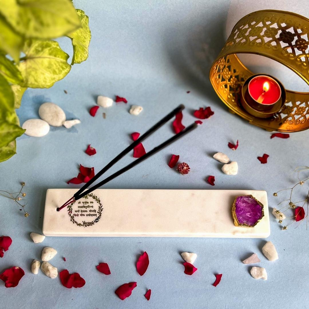 Gayatri Mantra White Marble and Crystal Agate Incense Stick Holders