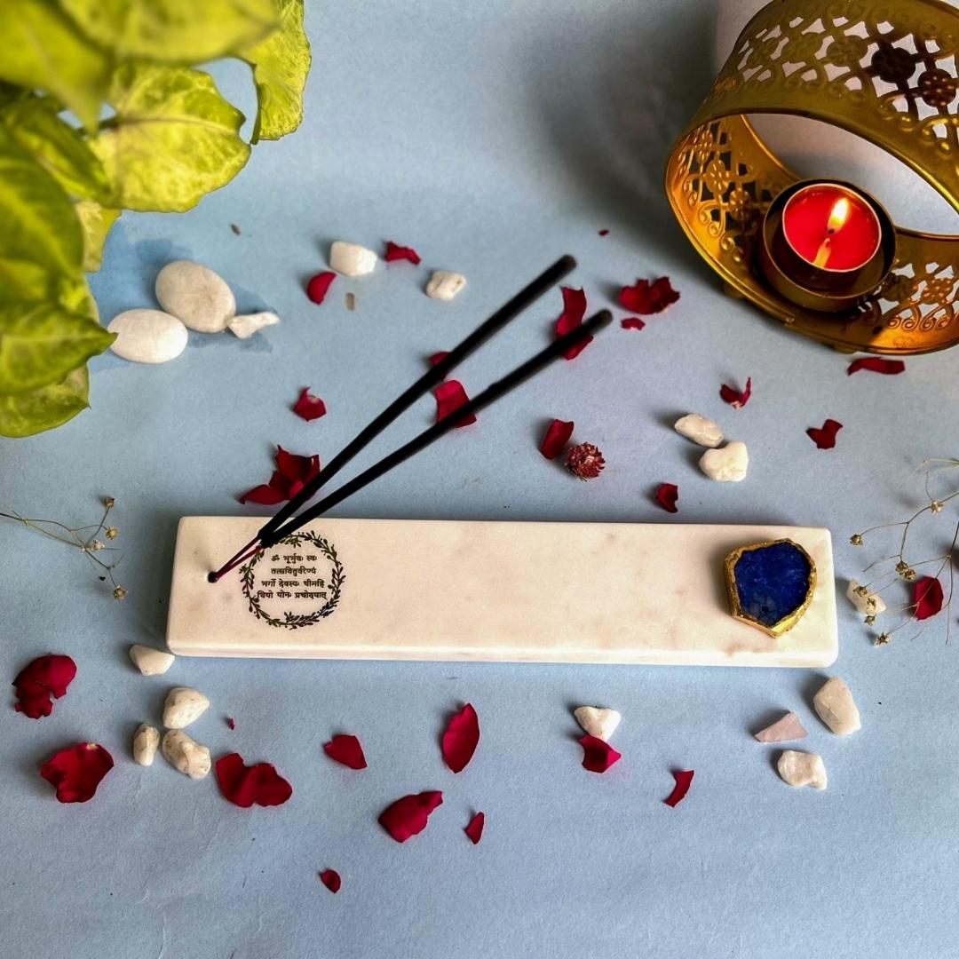 Gayatri Mantra White Marble and Crystal Agate Incense Stick Holders