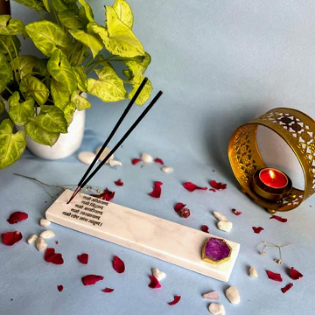 Namokar Mantra White Marble and crystal agate incense stick holders