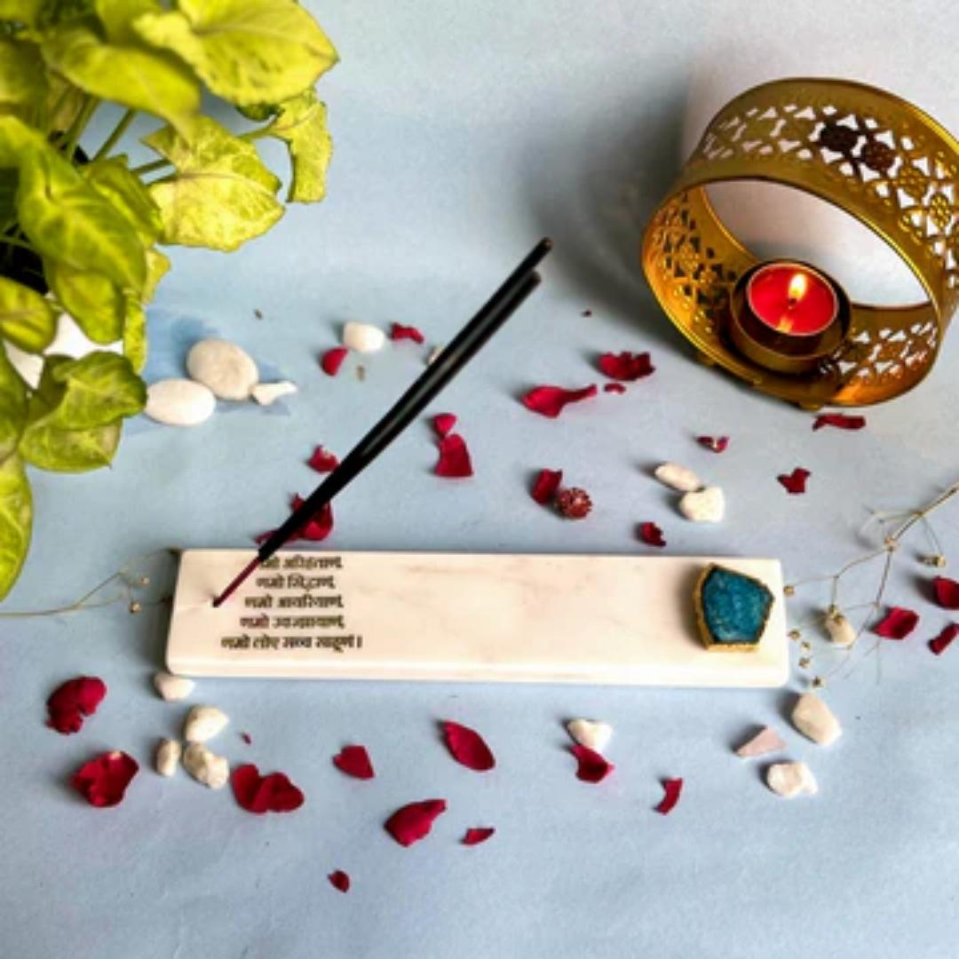 Namokar Mantra White Marble and crystal agate incense stick holders