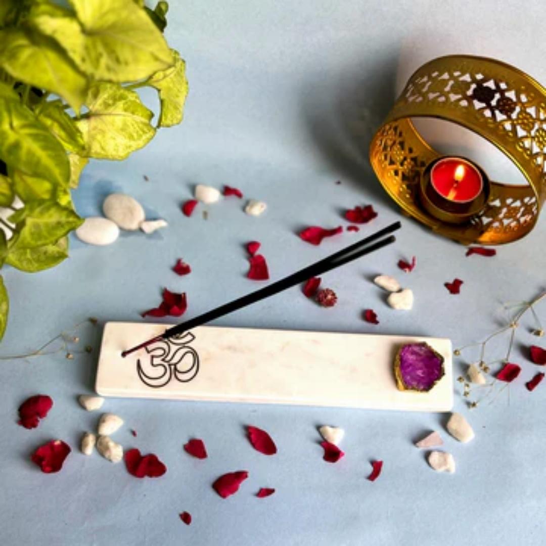 OM Marble and Crystal Agate Incense Stick Holders