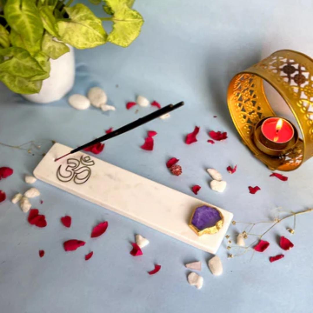 OM Marble and Crystal Agate Incense Stick Holders