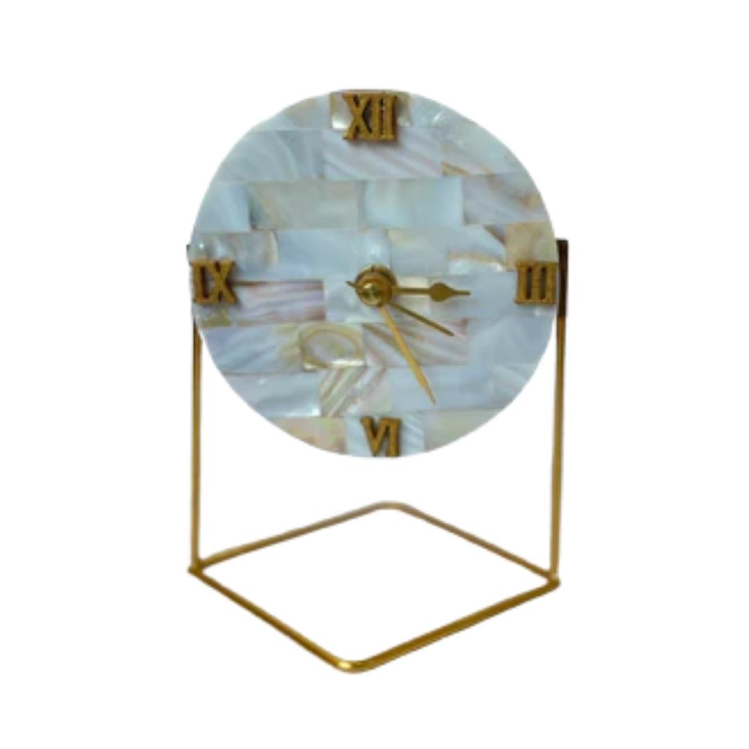 Round Mother of Pearl Desk Clock With Gold Metal Stand