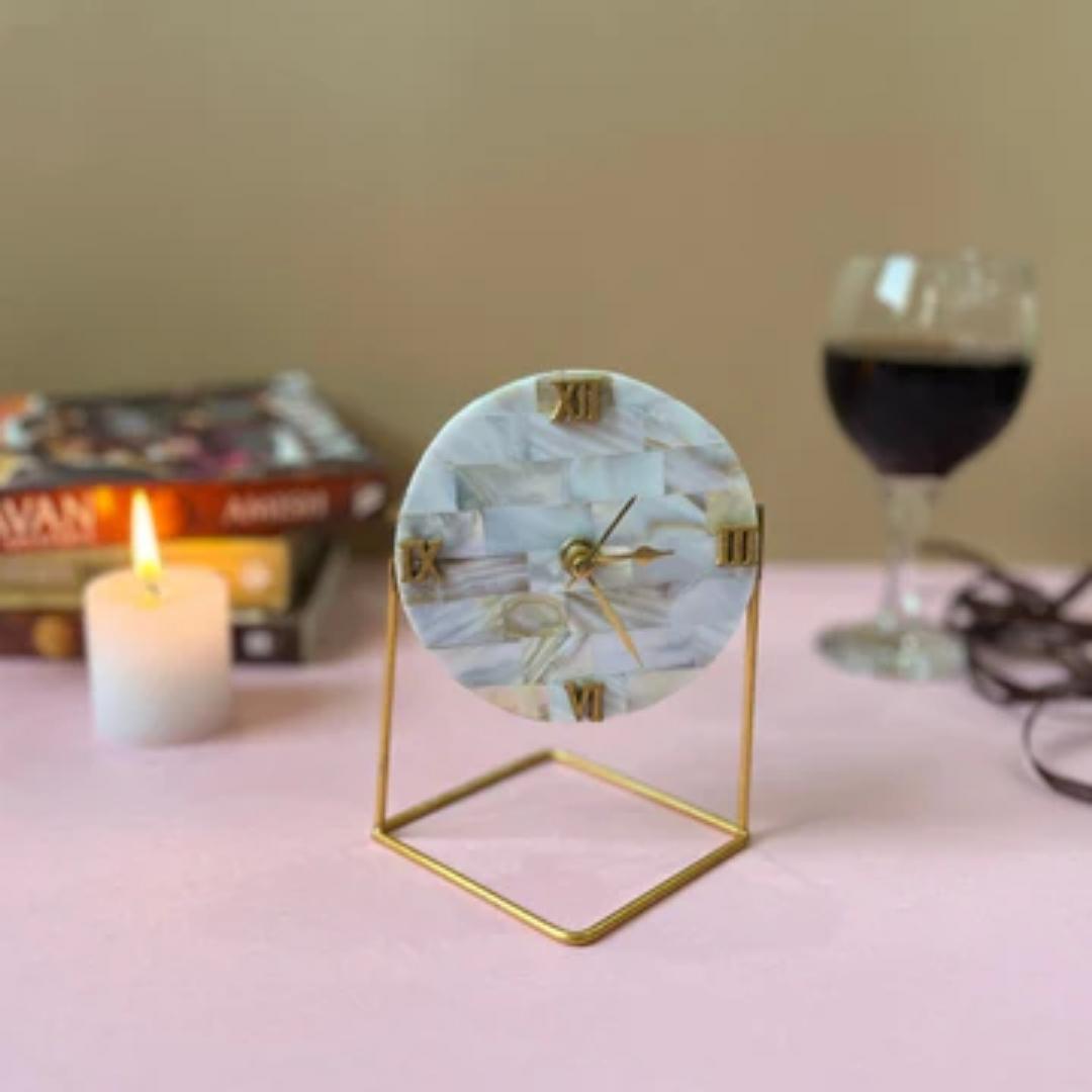 Round Mother of Pearl Desk Clock With Gold Metal Stand
