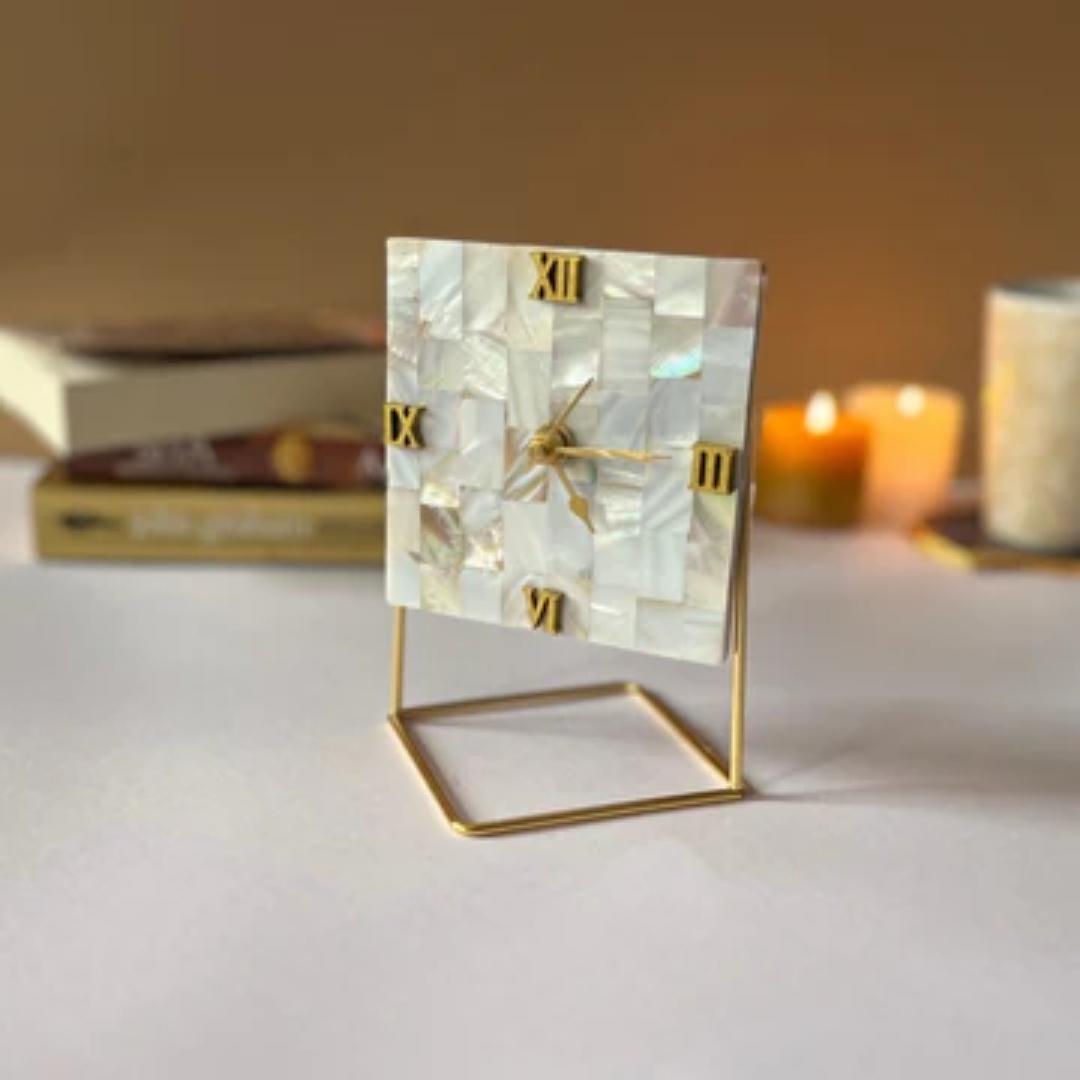 Square Mother of Pearl Desk Clock with Gold Metal Stand