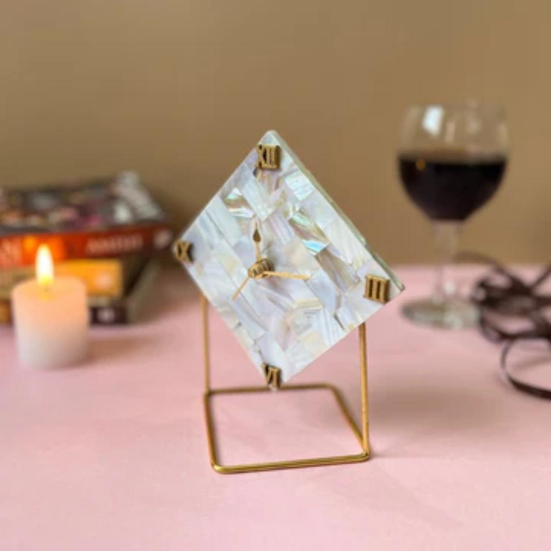 Diamond Mother of Pearl desk clock and gold metal stand