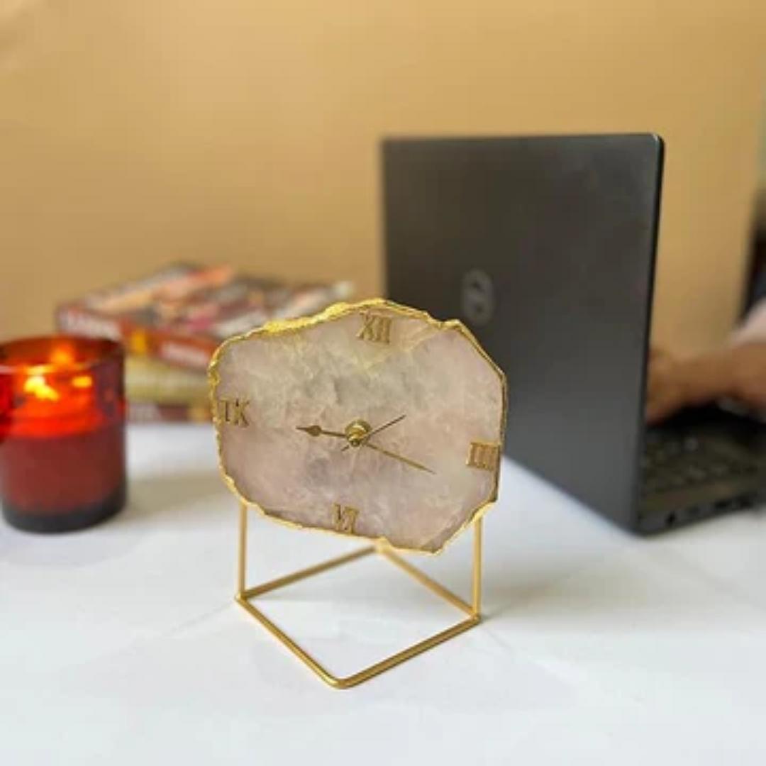 Rose Quartz Desk clock with metal stand