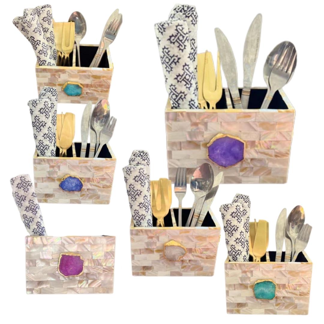 Mother of Pearl Agate Crystal Embellishment Cutlery Holder set in multiple color options