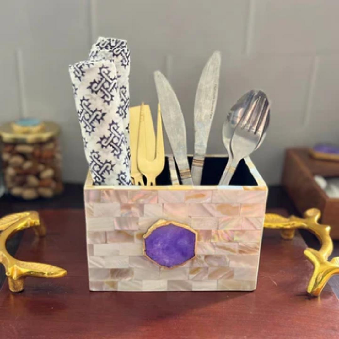 Mother of Pearl Agate Crystal Embellishment Cutlery Holder set in multiple color options