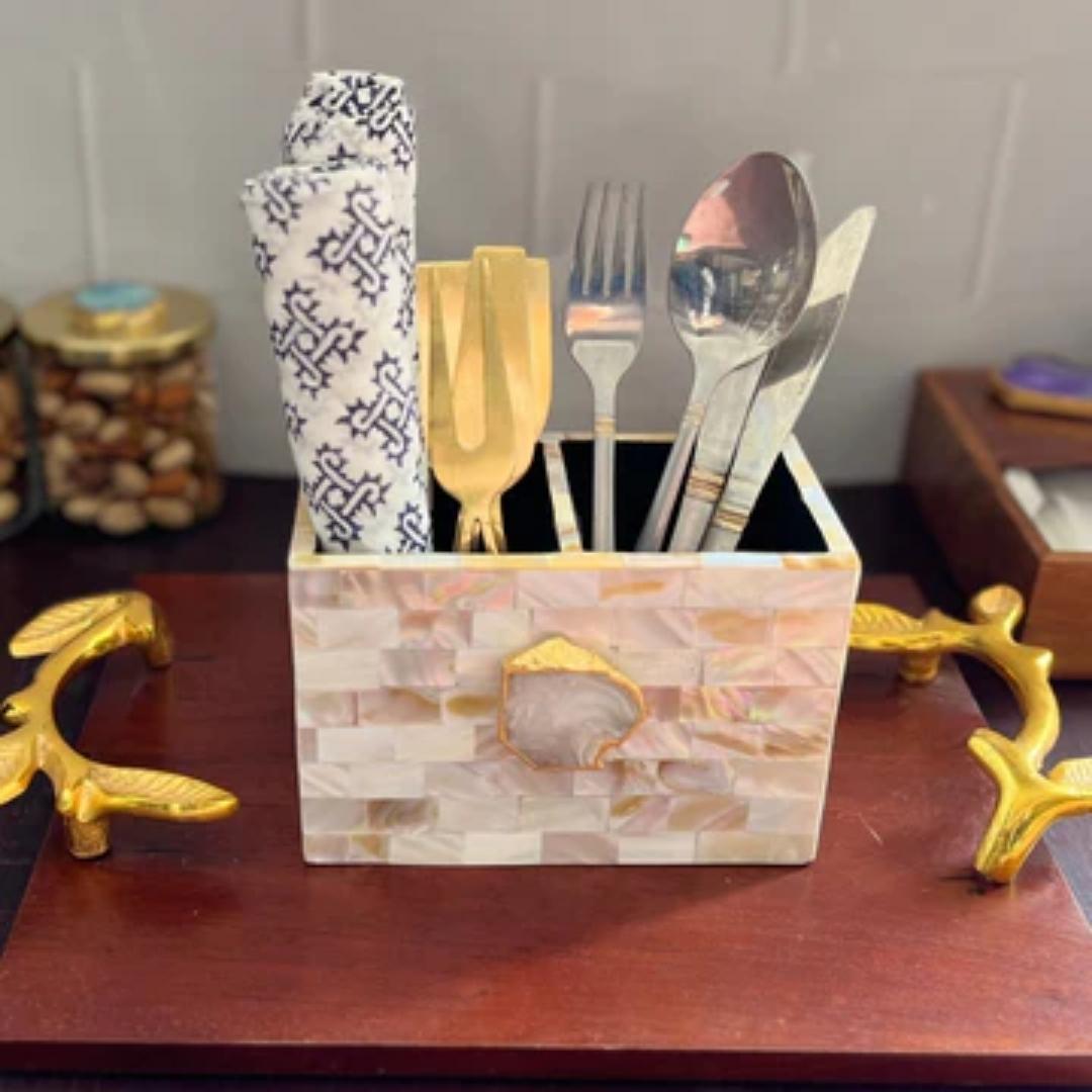 Mother of Pearl Agate Crystal Embellishment Cutlery Holder set in multiple color options