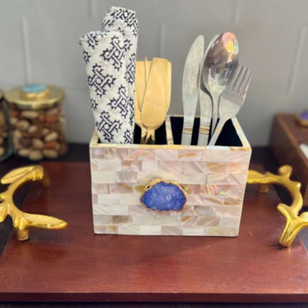 Mother of Pearl Agate Crystal Embellishment Cutlery Holder set in multiple color options