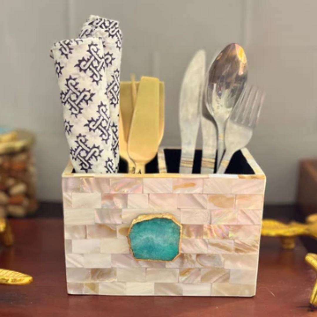 Mother of Pearl Agate Crystal Embellishment Cutlery Holder set in multiple color options