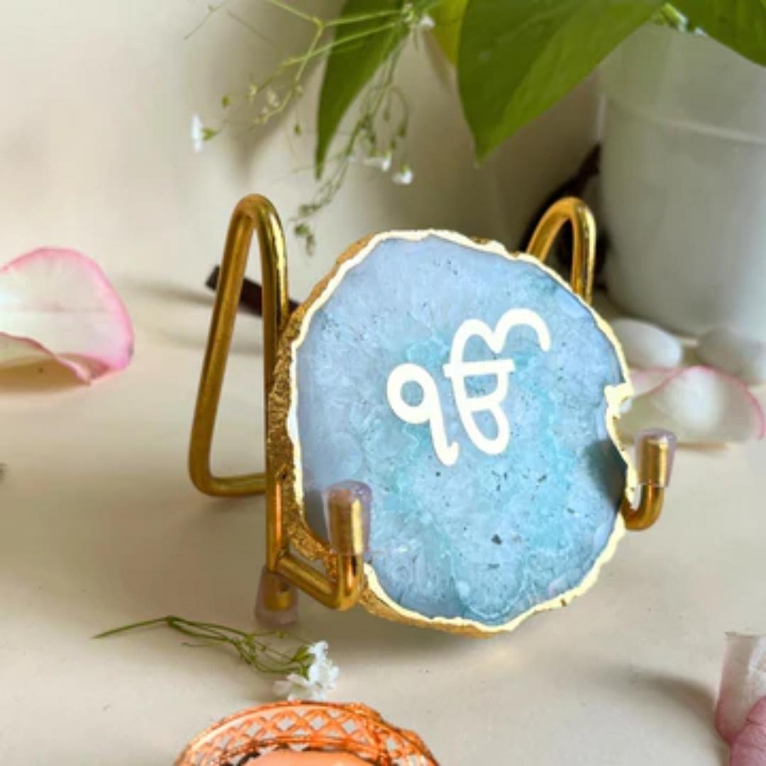 Ik Onkar Symbol Crystal Agate Metal Frame