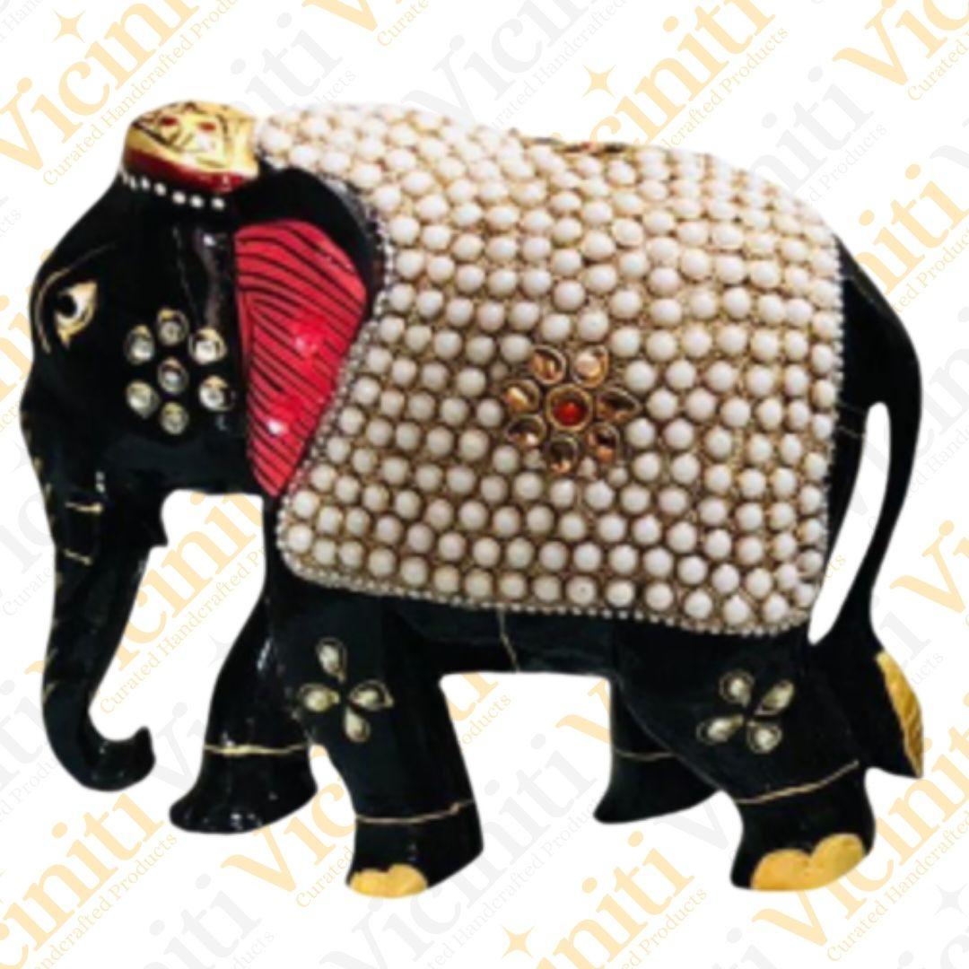 White Pearl Embellished Handcrafted Wooden Elephants Showpiece Set