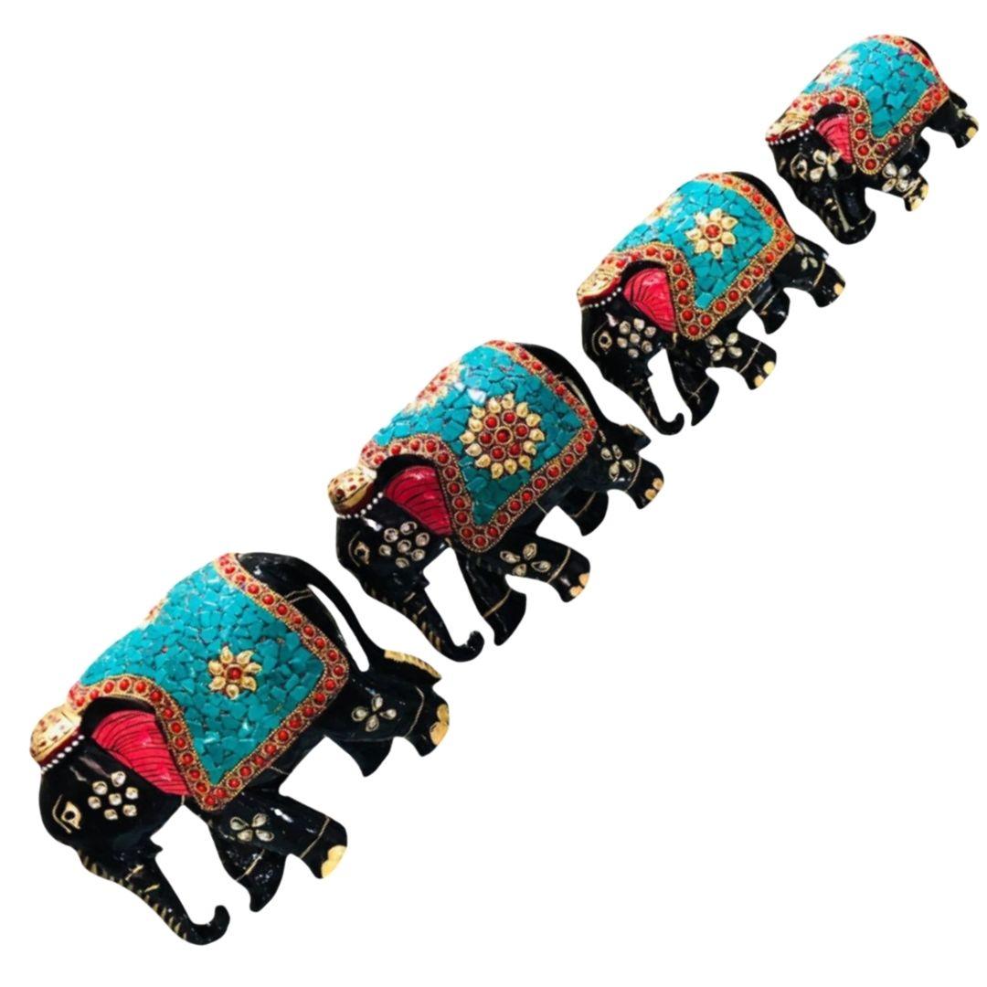 Turquoise Embellished Handcrafted Wooden Elephants Showpiece Set