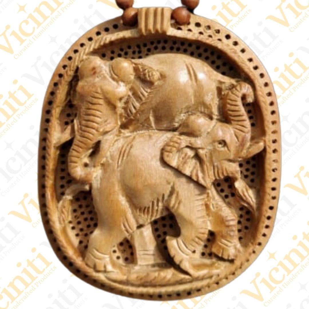 Twin Elephants Wooden Hand Carved Necklace