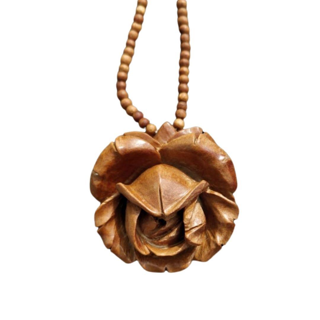 Hand Carved Wooden Rose Necklace