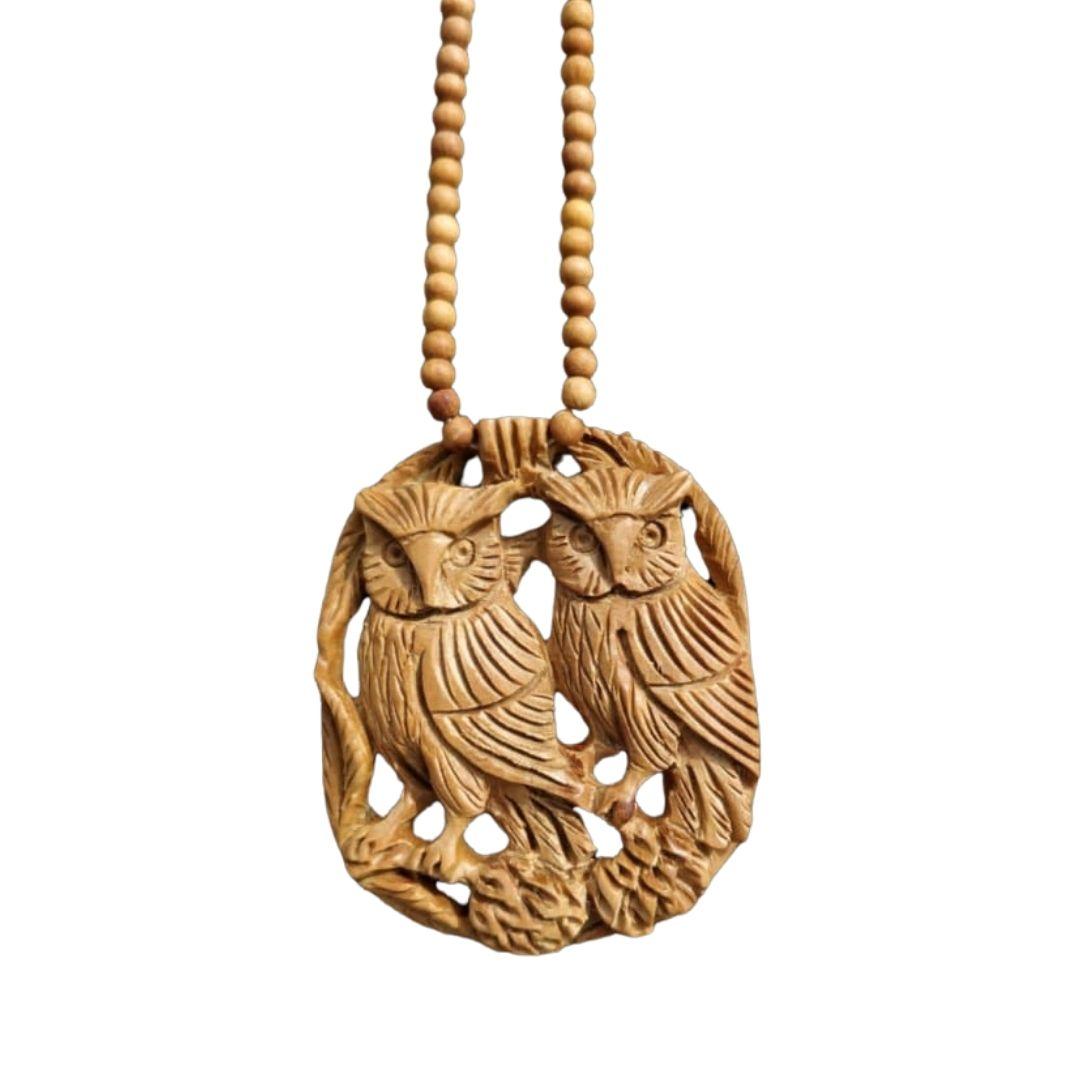 Twin Owls Hand carved Wooden Necklace
