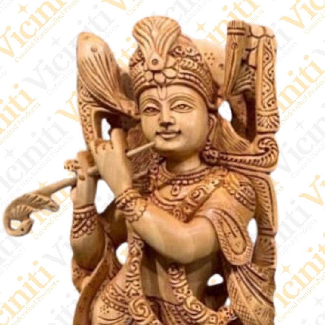 Lord Krishna Wooden Hand Carved Statue Idol Showpiece Murti