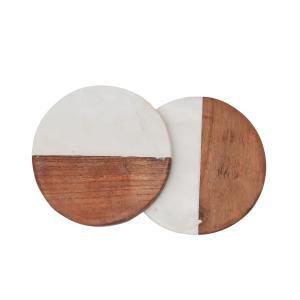 White Marble and Wood Coaster set of 2